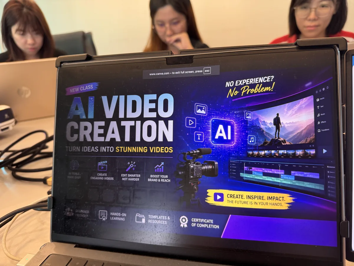 AI Video Creation course material on a laptop at the Havona Hotel training