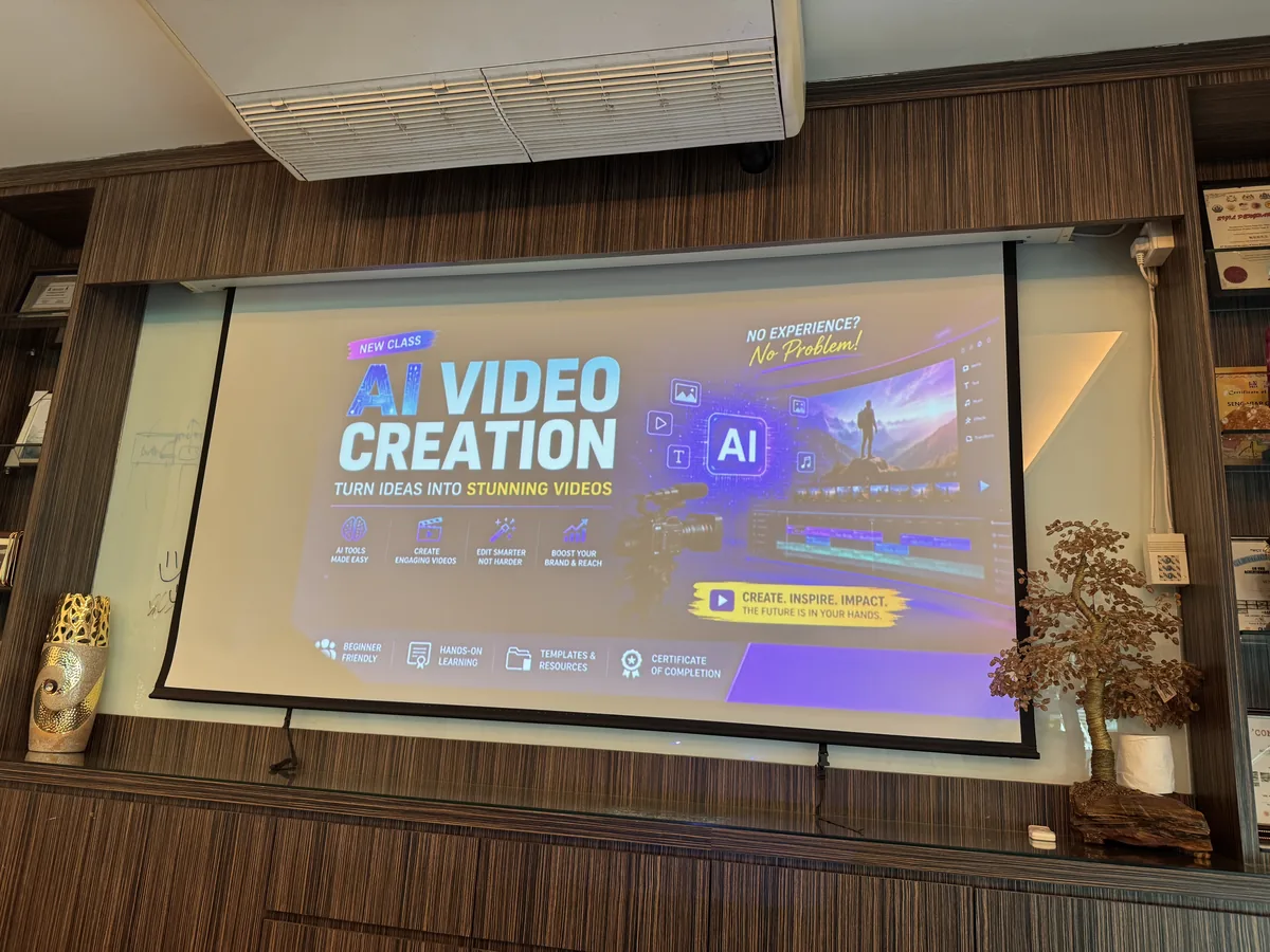AI Video Creation course slide projected on screen at the Havona Hotel training