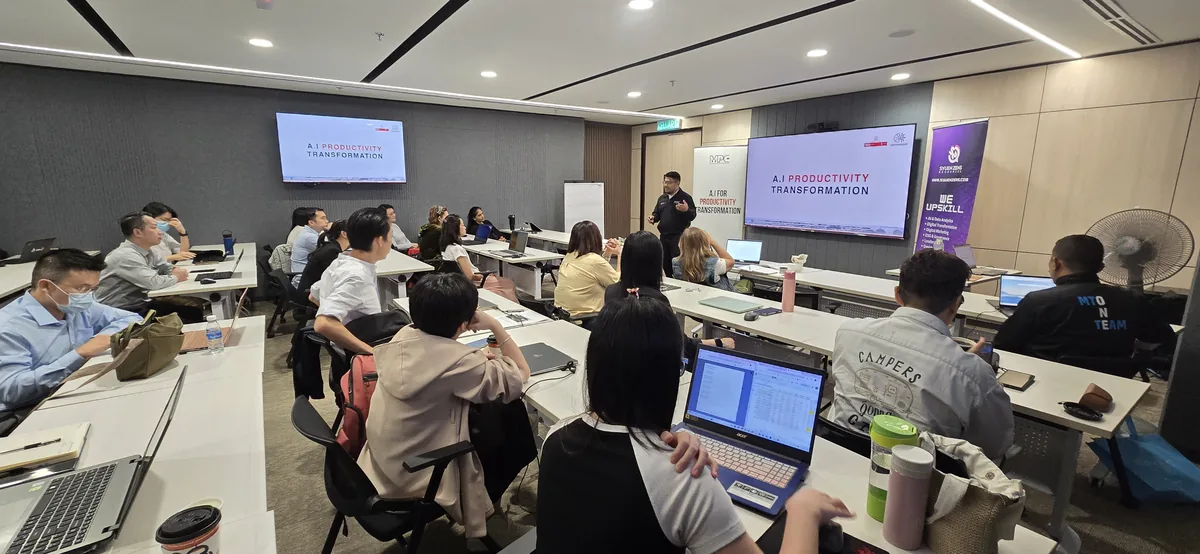 Classroom session with AI Productivity Transformation slides on screen