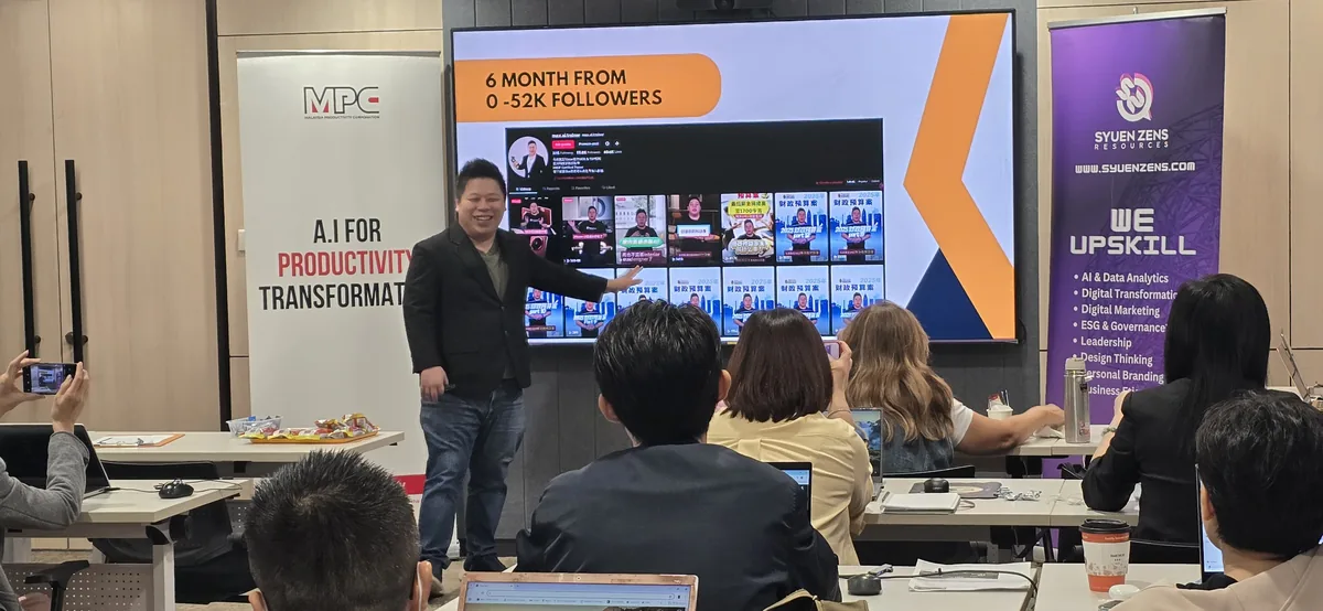 Max Ng presenting a 6-month 0 to 52K followers TikTok growth case study beside the MPC AI for Productivity Transformation banner